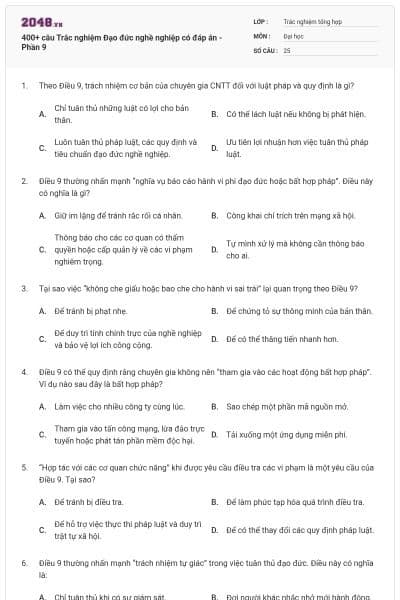 400+ câu Trắc nghiệm Đạo đức nghề nghiệp có đáp án - Phần 9