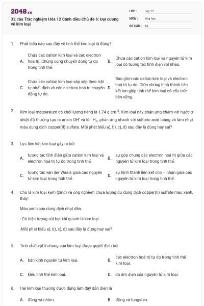 32 câu Trắc nghiệm Hóa 12 Cánh diều Chủ đề 6: Đại cương về kim loại