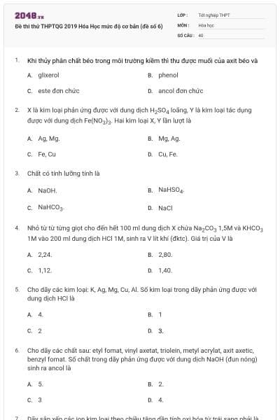 Đề thi thử THPTQG 2019 Hóa Học mức độ cơ bản (đề số 6)