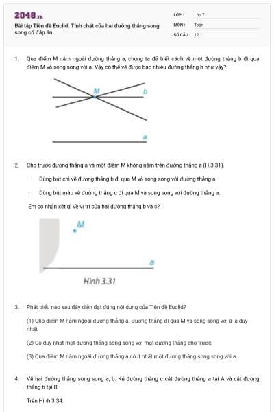 Bài tập Tiên đề Euclid. Tính chất của hai đường thẳng song song có đáp án