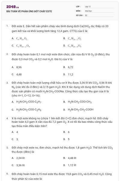 BÀI TOÁN VỀ PHẢN ỨNG ĐỐT CHÁY ESTE