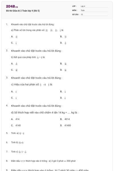 Đề thi Giữa kì 2 Toán lớp 4 (Đề 5)