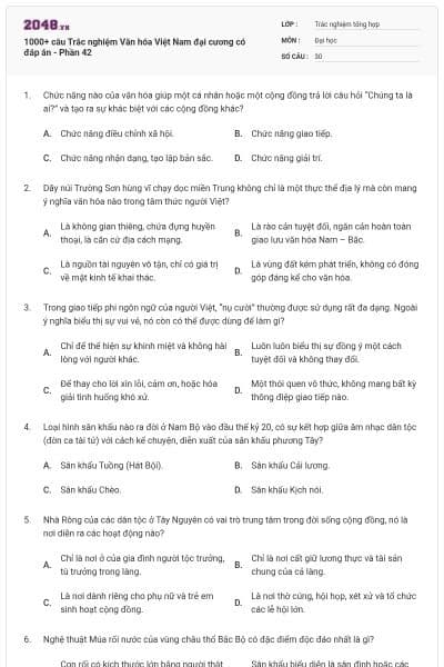 1000+ câu Trắc nghiệm Văn hóa Việt Nam đại cương có đáp án - Phần 42