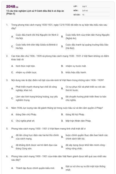 15 câu trắc nghiệm Lịch sử 9 Cánh diều Bài 6 có đáp án (Phần 5)