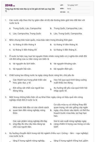Tổng hợp thi thử môn Địa Lý có lời giải chi tiết cực hay (Đề 7)