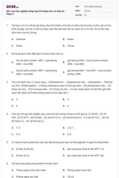 40+ câu trắc nghiệm tổng hợp Di truyền học có đáp án - Phần 2