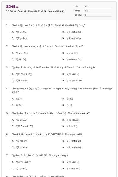 10 Bài tập Quan hệ giữa phần tử và tập hợp (có lời giải)