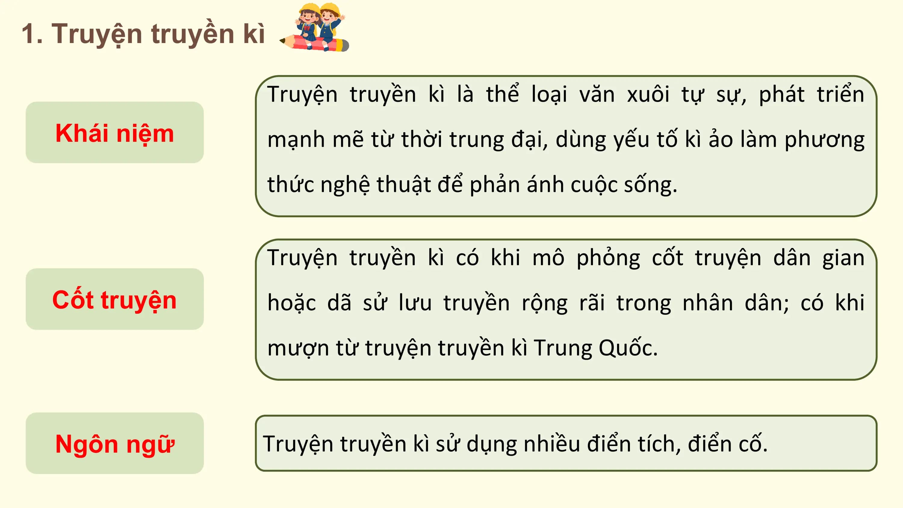 1. Truyện truyền kì

 Truyện truyền kì là thể loại văn xuôi tự sự, phát triển
 Khái niệm mạnh mẽ từ thời trung đại, dùng yếu tố kì ảo làm phương
 thức nghệ thuật để phản ánh cuộc sống.

 Truyện truyền kì có khi mô phỏng cốt truyện dân gian
 Cốt truyện hoặc dã sử lưu truyền rộng rãi trong nhân dân; có khi
 mượn từ truyện truyền kì Trung Quốc.

 Ngôn ngữ Truyện truyền kì sử dụng nhiều điển tích, điển cố.