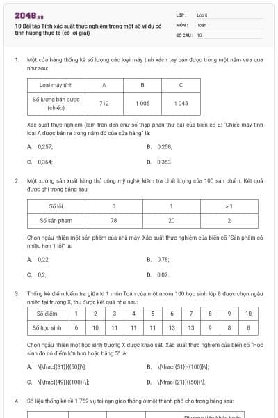 10 Bài tập Tính xác suất thực nghiệm trong một số ví dụ có tình huống thực tế (có lời giải)