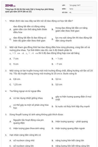 Tổng hợp 20 đề thi thử môn Vật Lí trung học phổ thông quốc gia năm 2019 (Đề số 22)