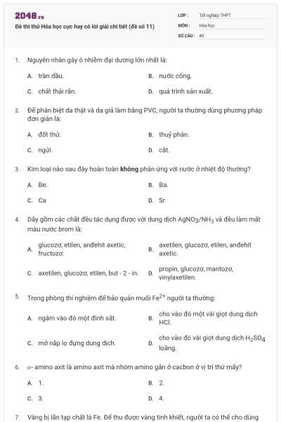 Đề thi thử Hóa học cực hay có lời giải chi tiết (đề số 11)