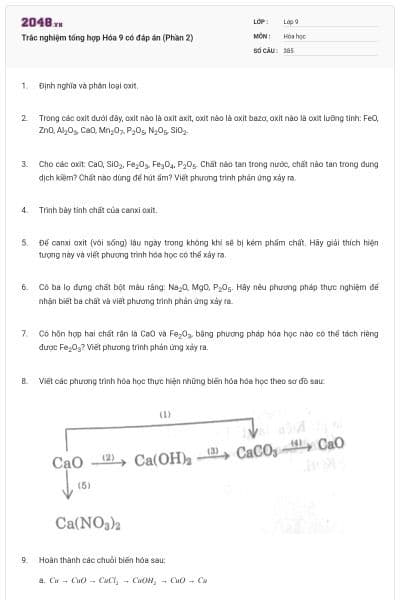 Trắc nghiệm tổng hợp Hóa 9 có đáp án (Phần 2)