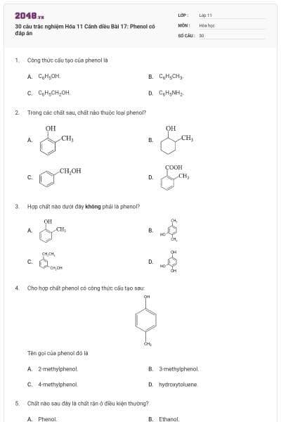 30 câu trắc nghiệm Hóa 11 Cánh diều Bài 17: Phenol có đáp án