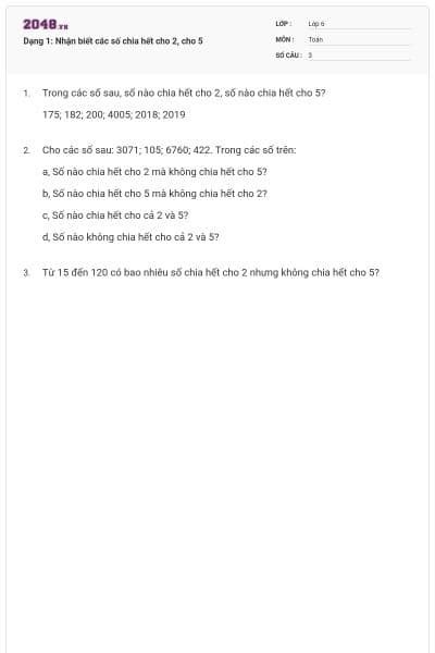 Dạng 1: Nhận biết các số chia hết cho 2, cho 5