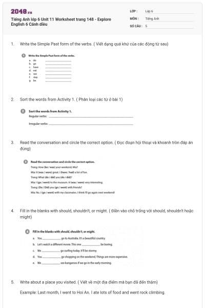 Tiếng Anh lớp 6 Unit 11 Worksheet trang 148 - Explore English 6 Cánh diều