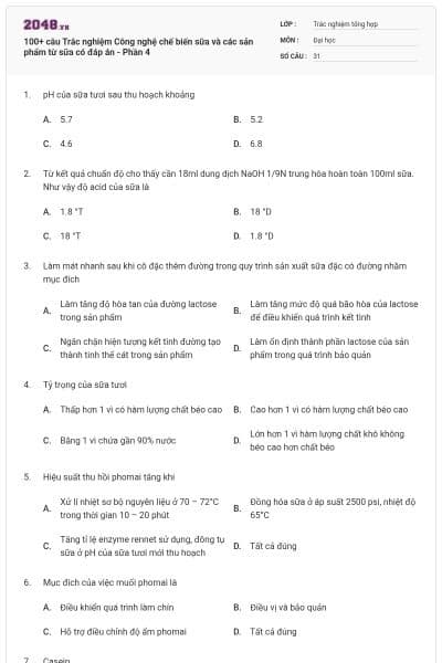 100+ câu Trắc nghiệm Công nghệ chế biến sữa và các sản phẩm từ sữa có đáp án - Phần 4