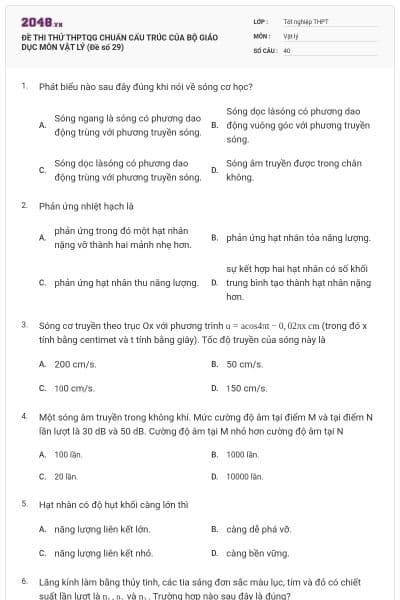 ĐỀ THI THỬ THPTQG CHUẨN CẤU TRÚC CỦA BỘ GIÁO DỤC MÔN VẬT LÝ (Đề số 29)