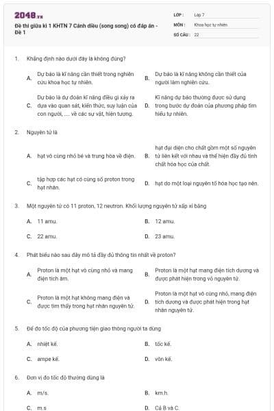 Đề thi giữa kì 1 KHTN 7 Cánh diều (song song) có đáp án - Đề 1