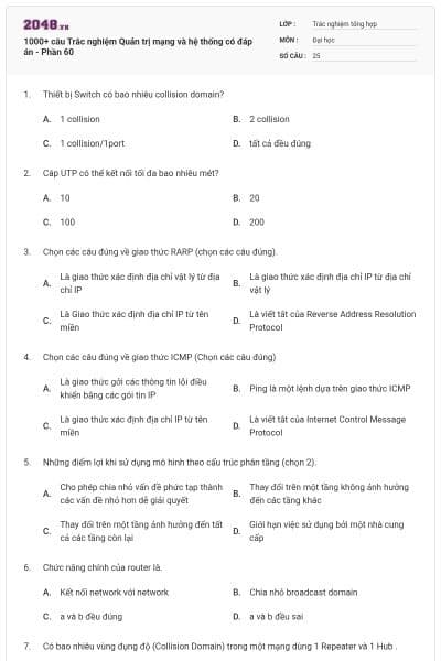 1000+ câu Trắc nghiệm Quản trị mạng và hệ thống có đáp án - Phần 60
