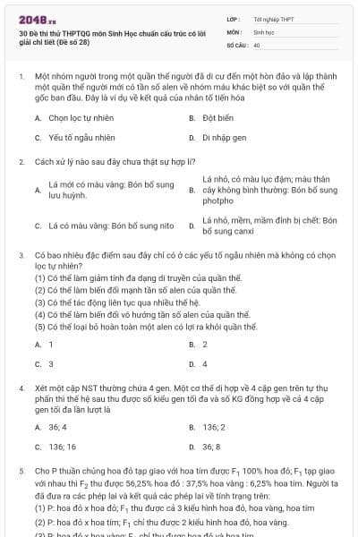 30 Đề thi thử THPTQG môn Sinh Học chuẩn cấu trúc có lời giải chi tiết (Đề số 28)