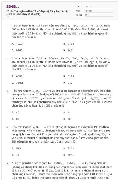 25 câu Trắc nghiệm Hóa 12 (có đáp án): Tổng hợp bài tập crom-sắt-đồng hay và khó (P1)