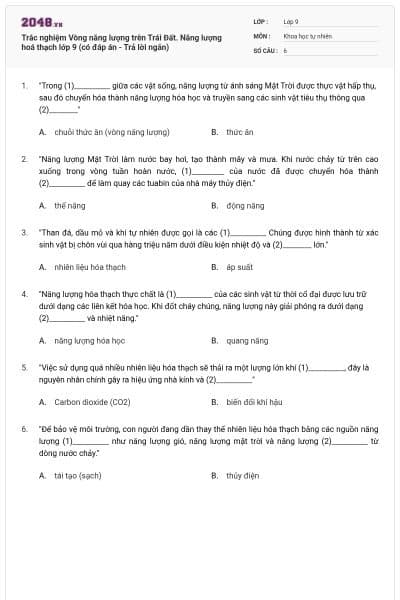 Trắc nghiệm Vòng năng lượng trên Trái Đất. Năng lượng hoá thạch lớp 9 (có đáp án - Trả lời ngắn)
