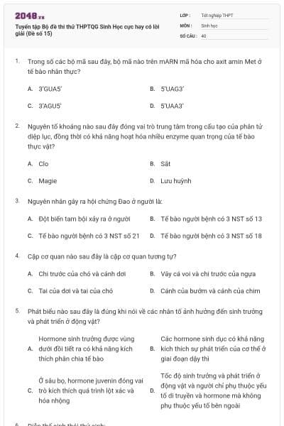 Tuyển tập Bộ đề thi thử THPTQG Sinh Học cực hay có lời giải (Đề số 15)