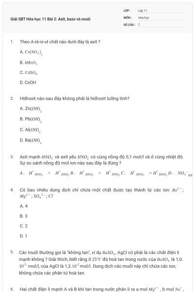 Giải SBT Hóa học 11 Bài 2: Axit, bazơ và muối