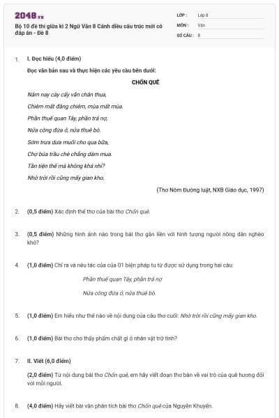 Bộ 10 đề thi giữa kì 2 Ngữ Văn 8 Cánh diều cấu trúc mới có đáp án - Đề 8