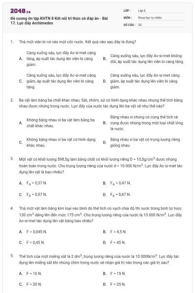 Đề cương ôn tập KHTN 8 Kết nối tri thức có đáp án - Bài 17. Lực đẩy Archimedes
