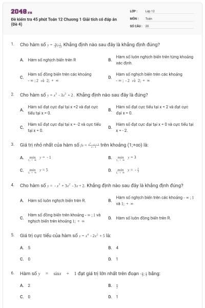 Đề kiểm tra 45 phút Toán 12 Chương 1 Giải tích có đáp án (Đề 4)