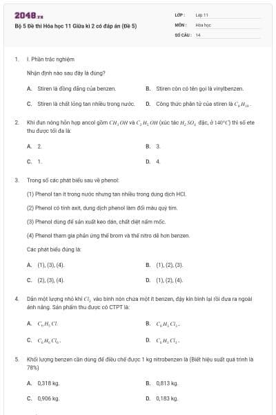Bộ 5 Đề thi Hóa học 11 Giữa kì 2 có đáp án (Đề 5)