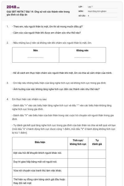 Giải SBT HĐTN 7 Bài 14: Ứng xử với các thành viên trong gia đình có đáp án
