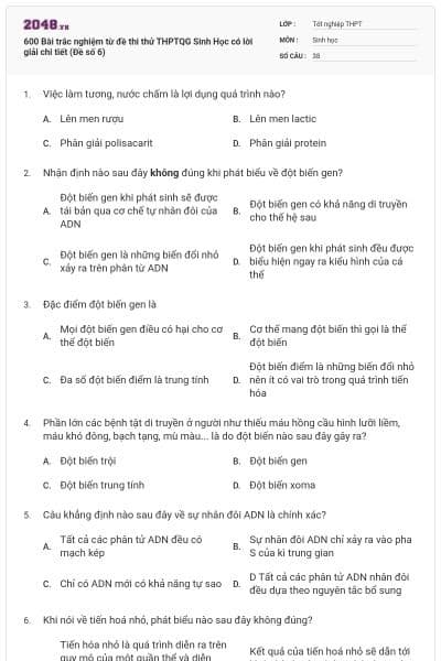 600 Bài trắc nghiệm từ đề thi thử THPTQG Sinh Học có lời giải chi tiết (Đề số 6)