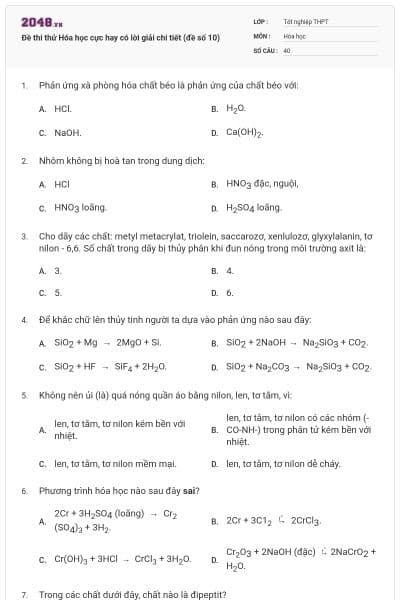 Đề thi thử Hóa học cực hay có lời giải chi tiết (đề số 10)