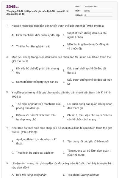 Tổng hợp 20 đề thi thpt quốc gia môn Lịch Sử Hay nhất có đáp án (Đề số 18)