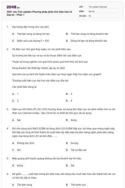 300+ câu Trắc nghiệm Phương pháp phân tích điện hóa có đáp án - Phần 1