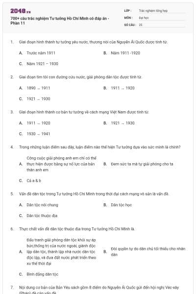 700+ câu trắc nghiệm Tư tưởng Hồ Chí Minh có đáp án - Phần 11