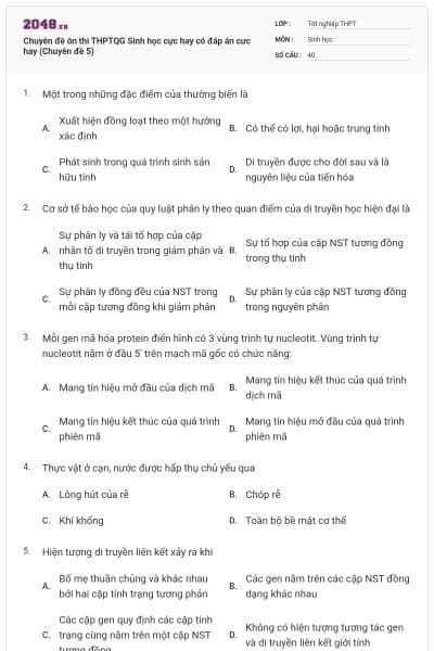 Chuyên đề ôn thi THPTQG Sinh học cực hay có đáp án cưc hay (Chuyên đề 5)