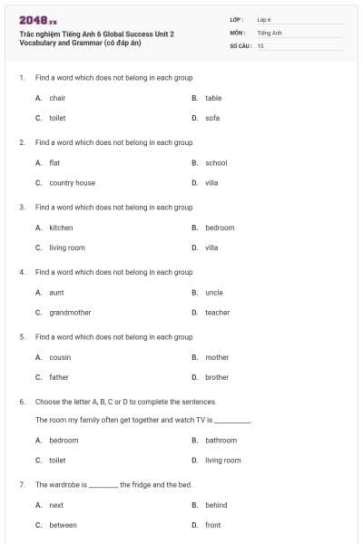 Trắc nghiệm Tiếng Anh 6 Global Success Unit 2 Vocabulary and Grammar (có đáp án)