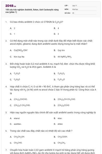 100 câu trắc nghiệm Anđehit, Xeton, Axit Cacboxylic nâng cao (phần 1)