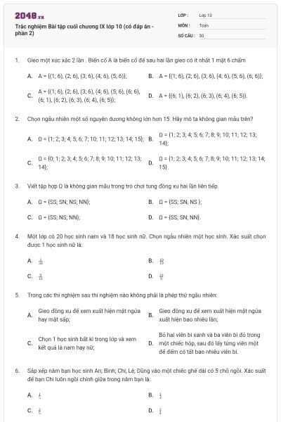 Trắc nghiệm Bài tập cuối chương IX lớp 10 (có đáp án - phần 2)