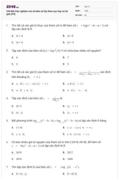 244 Bài trắc nghiệm mũ và hàm số lũy thừa cực hay có lời giải (P4)