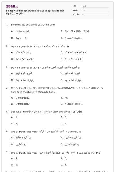 Bài tập Xác định hạng tử của đa thức và bậc của đa thức lớp 8 (có lời giải)