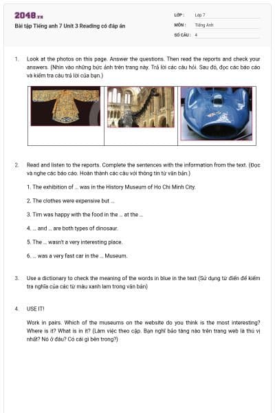 Bài tập Tiếng anh 7 Unit 3 Reading có đáp án