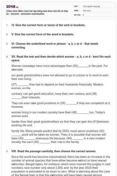 (Viên chức Mầm non) bài tập tiếng Anh theo chủ đề có đáp án - Second - semester examination