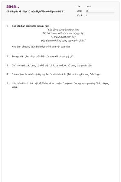 Đề thi giữa kì 1 lớp 10 môn Ngữ Văn có đáp án (Đề 11)