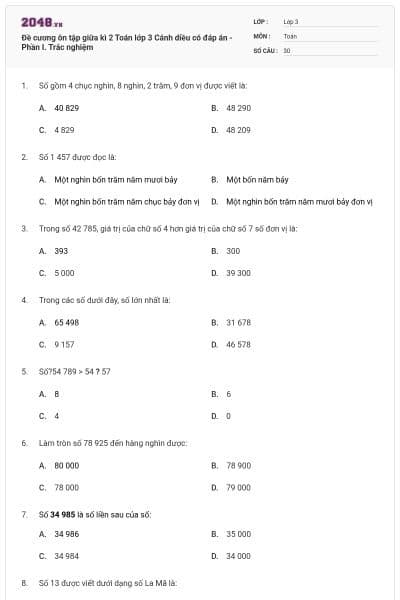 Đề cương ôn tập giữa kì 2 Toán lớp 3 Cánh diều có đáp án - Phần I. Trắc nghiệm