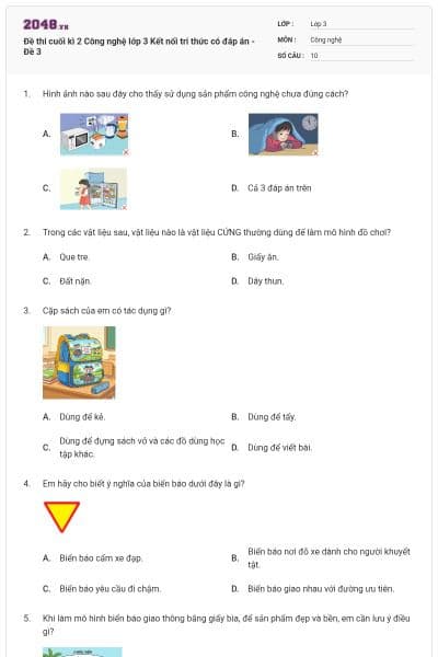 Đề thi cuối kì 2 Công nghệ lớp 3 Kết nối tri thức có đáp án - Đề 3