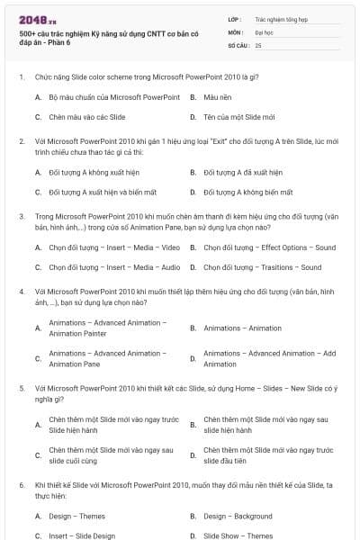 500+ câu trắc nghiệm Kỹ năng sử dụng CNTT cơ bản có đáp án - Phần 6